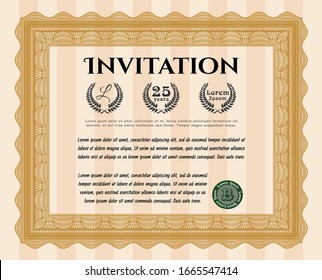 Orange Retro invitation template. Cordial design. Vector illustration. With great quality guilloche pattern. 