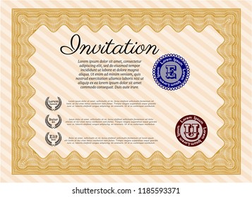 Orange Retro invitation template. Customizable, Easy to edit and change colors. With guilloche pattern. Money style design. 