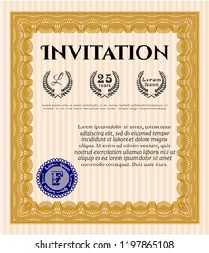 Orange Retro invitation template. Customizable, Easy to edit and change colors. Complex background. Lovely design. 