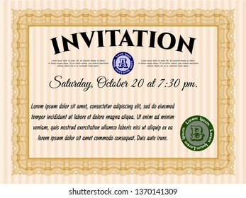 Orange Retro invitation template. Retro design. With great quality guilloche pattern. Detailed. 