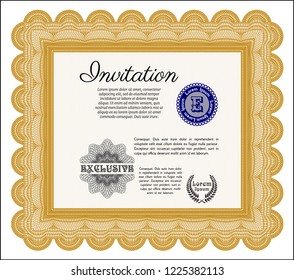 Orange Retro invitation template. Detailed. With guilloche pattern and background. Money design. 