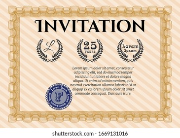 Orange Retro invitation template. Detailed. Printer friendly. Sophisticated design. 