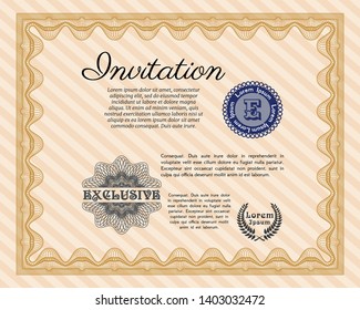 Orange Retro invitation template. Easy to print. Detailed. Money Pattern. 