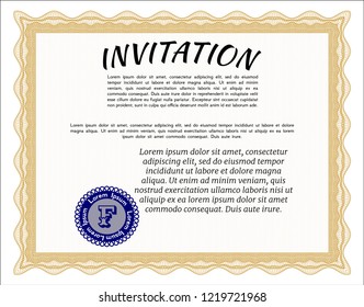 Orange Retro invitation template. With great quality guilloche pattern. Good design. Vector illustration. 