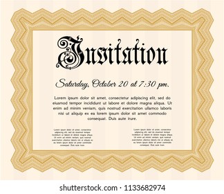 Orange Retro invitation template. With guilloche pattern and background. Money design. Detailed. 