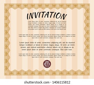 Orange Retro invitation template. With guilloche pattern and background. Detailed. Artistry design. 