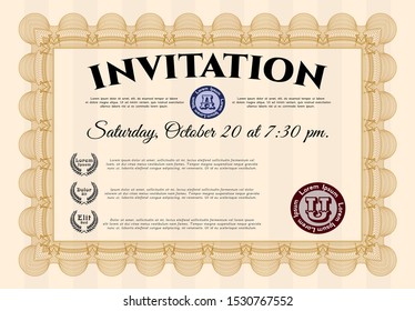 Orange Retro invitation template. With guilloche pattern. Detailed. Cordial design. 