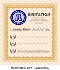 Orange Retro invitation template. With linear background. Artistry design. Detailed. 