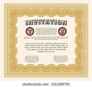 Orange Retro invitation template. With linear background. Money Pattern design. Detailed. 