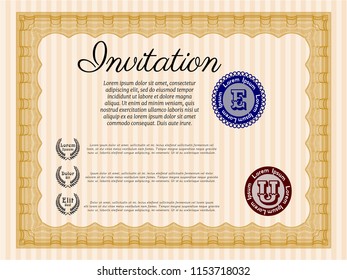 Orange Retro invitation template. Lovely design. Customizable, Easy to edit and change colors. Complex background. 