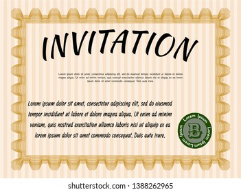 Orange Retro invitation template. Sophisticated design. With great quality guilloche pattern. Vector illustration. 