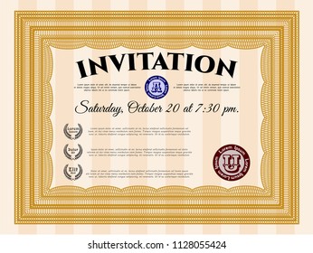Orange Retro invitation template. Vector illustration. With great quality guilloche pattern. Money Pattern design. 