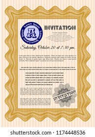 Orange Retro invitation. Vector illustration. With guilloche pattern and background. Superior design. 
