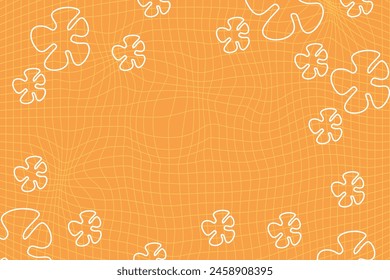 Orange retro psychedelic checkerboard pattern with flowers. Groovy funky background. Stock vector illustration isolated on white background in flat old school style.