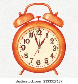 Orange retro ringing alarm clock watercolor illustration. Wake up symbol.