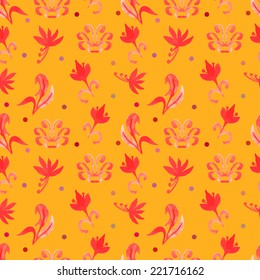 Orange Retro seamless pattern with trees.Seamless Floral Pattern. Watercolor graphic for backgrounds, wallpapers and fabrics. Vector illustration