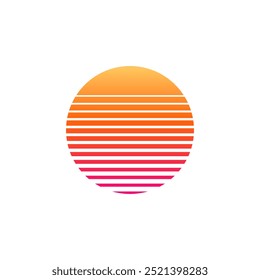 Logotipo retro naranja de la puesta del sol. Antiguo diseño vintage de la salida del sol del círculo.