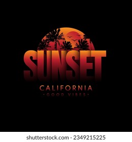 Orange retro vintage California sunset logo badges on black background graphics for t-shirts and other print production. 70s-style concept. Vector illustration for design. 