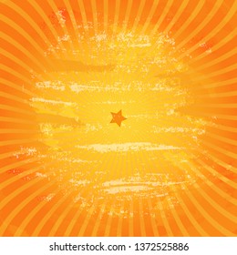Orange retro vintage grunge background with wavy rays and red star. Vector image eps 10