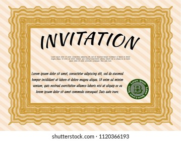 Orange Retro vintage invitation. Customizable, Easy to edit and change colors. With guilloche pattern and background. Money style design. 