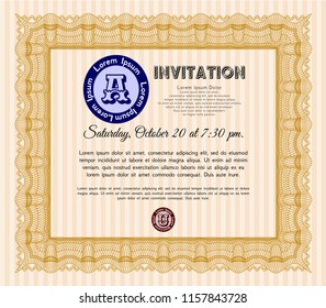 Orange Retro vintage invitation. Customizable, Easy to edit and change colors. With complex linear background. Money style design. 