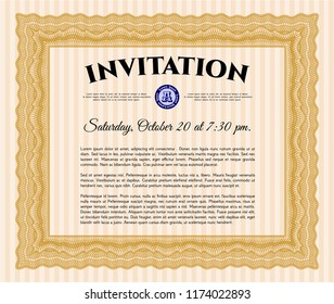 Orange Retro vintage invitation. Customizable, Easy to edit and change colors. With complex linear background. Money style design. 
