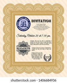 Orange Retro vintage invitation. Customizable, Easy to edit and change colors. With complex linear background. Money Pattern design. 