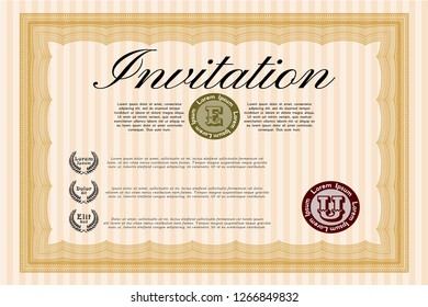 Orange Retro vintage invitation. Retro design. With great quality guilloche pattern. Vector illustration. 