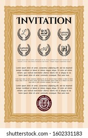 Orange Retro vintage invitation. Elegant design. Detailed. Complex background. 