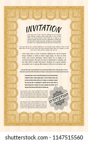 Orange Retro vintage invitation. With great quality guilloche pattern. Elegant design. Vector illustration. 
