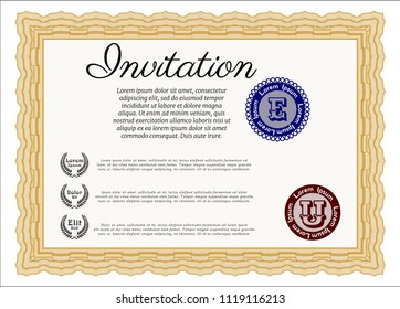 Orange Retro vintage invitation. With guilloche pattern. Detailed. Lovely design. 
