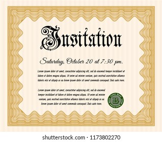 Orange Retro vintage invitation. Nice design. With guilloche pattern and background. Vector illustration. 