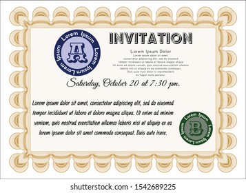 Orange Retro vintage invitation. Nice design. Vector illustration. With guilloche pattern and background. 