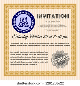 Orange Retro vintage invitation. Printer friendly. Nice design. Detailed. 