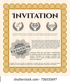 Orange Retro vintage invitation. Vector illustration. With guilloche pattern. Excellent design. 