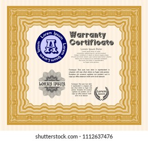 Orange Retro vintage Warranty Certificate. Money style design. Easy to print. Detailed. 