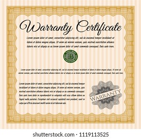 Orange Retro vintage Warranty Certificate. With complex background. Cordial design. Customizable, Easy to edit and change colors. 