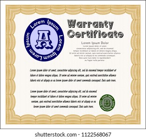 Orange Retro vintage Warranty Certificate. Detailed. With background. Money design. 