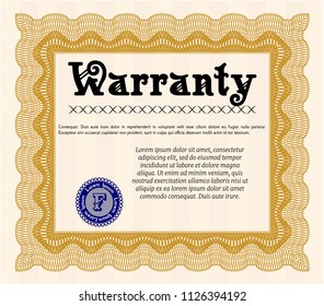 Orange Retro vintage Warranty Certificate. Easy to print. Money Pattern. Detailed. 