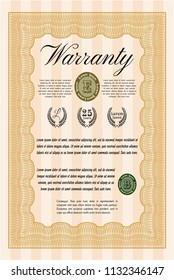 Orange Retro vintage Warranty Certificate. Detailed. With guilloche pattern and background. Money Pattern design. 