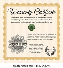Orange Retro vintage Warranty Certificate. Nice design. With guilloche pattern and background. Vector illustration. 