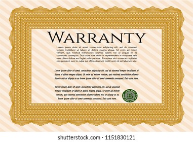 Orange Retro vintage Warranty Certificate. With linear background. Cordial design. Detailed. 