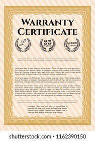 Orange Retro vintage Warranty Certificate. Money Pattern. With linear background. Vector illustration. 