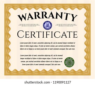 Orange Retro vintage Warranty Certificate. With linear background. Lovely design. Detailed. 
