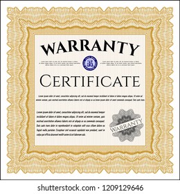 Orange Retro vintage Warranty Certificate. With complex background. Retro design. Detailed. 
