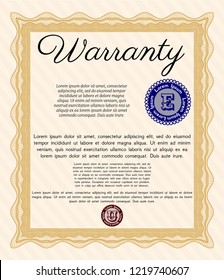 Orange Retro vintage Warranty Certificate. Detailed. With quality background. Lovely design. 