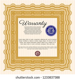 Orange Retro vintage Warranty Certificate. Excellent design. Vector illustration. With guilloche pattern. 