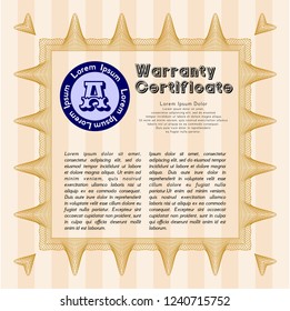 Orange Retro vintage Warranty Certificate. Superior design. With quality background. Vector illustration. 
