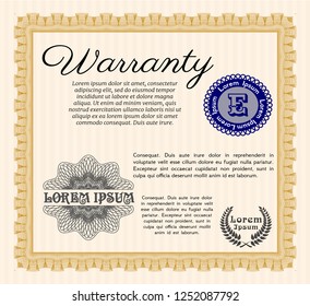 Orange Retro vintage Warranty Certificate. Detailed. With guilloche pattern. Nice design. 