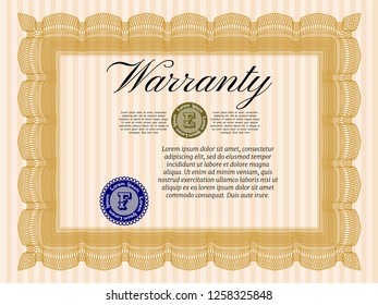 Orange Retro vintage Warranty Certificate. With great quality guilloche pattern. Vector illustration. Elegant design. 